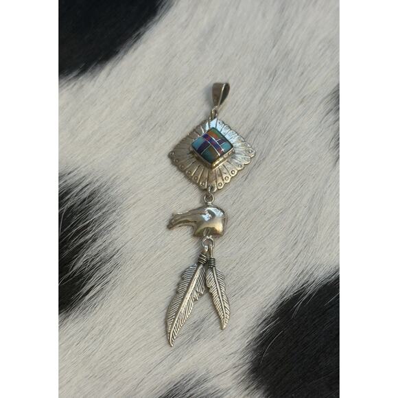 Native American Sterling Silver Inlaid Turquoise Lapis Spiny Bear Dangle Pendant - Picture 8 of 8